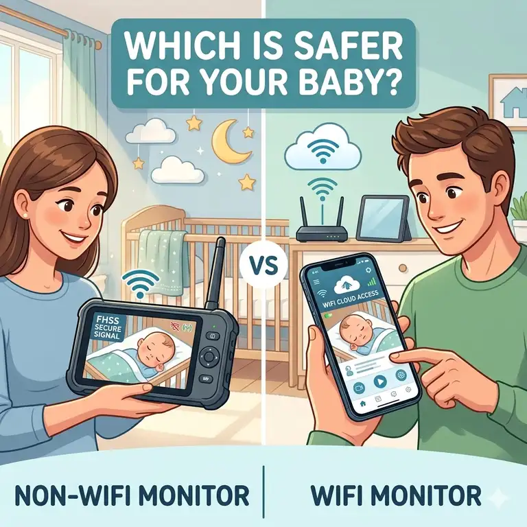 A side-by-side comparison of a non wifi baby monitor vs wifi which is safer for your nursery security.