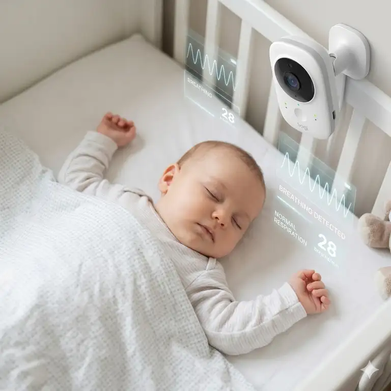A high-quality featured image showing a sleeping infant and a smart baby monitor with breathing detection reviews setup.