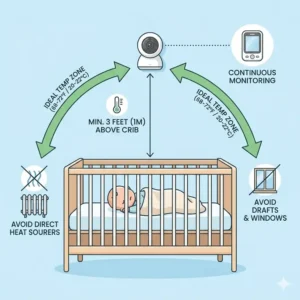 Illustration 1: A technical guide on how to position a baby monitor with temperature sensor accuracy at the ideal distance from the baby.