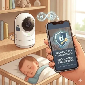 Digital illustration showing end-to-end encryption for the best baby camera with phone app secure data protection.