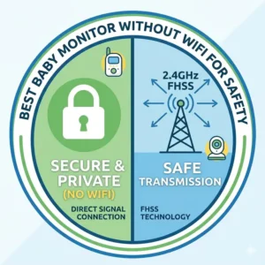 Infographic explaining how FHSS technology creates the best baby monitor without wifi for safety against hacking.