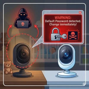 An alert message to change default passwords to address baby monitor security risks and how to avoid unauthorized hacking.