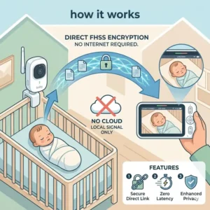 An educational diagram showing how a baby monitor that works without internet uses direct FHSS signal instead of WiFi.