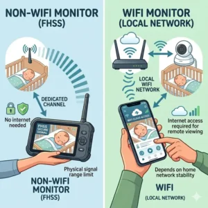 Technical diagram of signal transmission to explain non wifi baby monitor vs wifi which is safer regarding hacking.