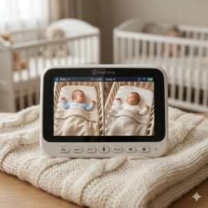 A close-up illustration of a monitor's interface showing the dual display feature of the best baby monitor for twins split screen.