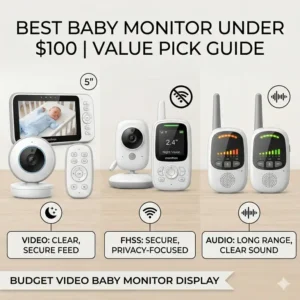 Handheld parent unit with color display representing the best baby monitor under 100 dollars for video quality.