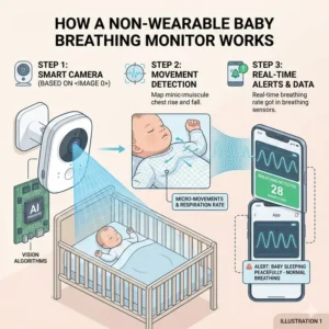 Technical illustration explaining the sensor technology used in a baby monitor with breathing detection reviews guide.