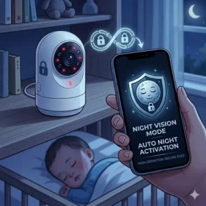 High-definition infrared night vision view displayed on a smartphone from the best baby camera with phone app secure.