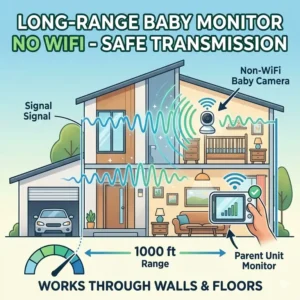 A house diagram showing 1000ft signal coverage of the best baby monitor without wifi for safety across multiple floors.