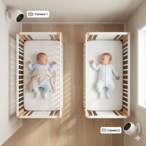 An infographic showing optimal camera placement in a nursery when using the best baby monitor for twins split screen.