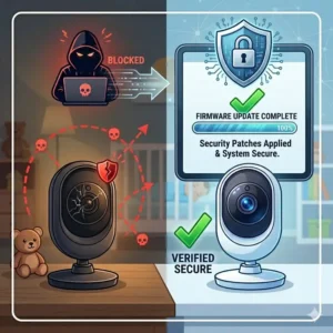 A digital screen showing a firmware update in progress to fix baby monitor security risks and how to avoid software vulnerabilities.