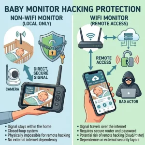 Illustration showing how a closed-loop non wifi baby monitor vs wifi which is safer from remote internet intruders.