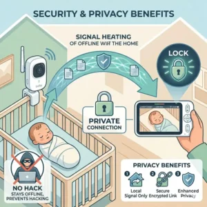 A security graphic explaining how a baby monitor that works without internet protects your privacy by staying offline.