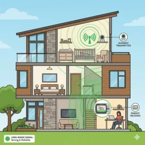 An architectural cross-section of a three-story home showing the connectivity of the best baby monitor for long range large house.
