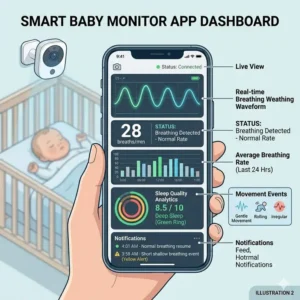 A smartphone dashboard display showing real-time data from a baby monitor with breathing detection reviews app.