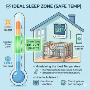 Illustration 3: Educational infographic highlighting the ideal nursery climate maintained by a baby monitor with temperature sensor accuracy.