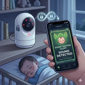 Real-time motion and sound notification on a mobile screen sent by the best baby camera with phone app secure.