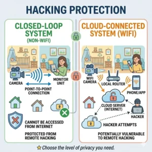 A detailed comparison chart of EMF radiation in a non wifi baby monitor vs wifi which is safer for long-term infant health.