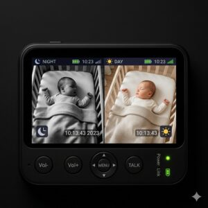 A comparison of day and night vision quality on the screen of the best baby monitor for twins split screen.