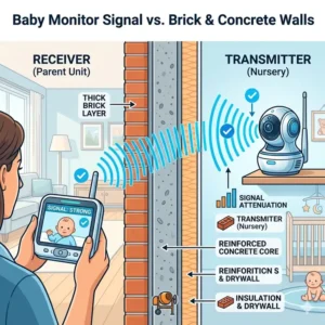 Infographic showing signal waves passing through thick concrete walls, a feature of the best baby monitor for long range large house.