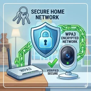 A secure WPA3 home network connection illustrating baby monitor security risks and how to avoid Wi-Fi breaches.