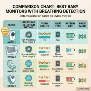 A comprehensive comparison chart of top models found in our baby monitor with breathing detection reviews.