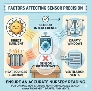Visual diagram showing environmental factors that can impact a baby monitor with temperature sensor accuracy in a nursery.