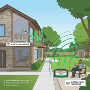 A parent monitoring their baby from a distant outdoor patio using the best baby monitor for long range large house.