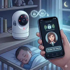 A mother using the push-to-talk feature on the best baby camera with phone app secure to soothe her baby remotely.