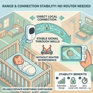 An illustration of the long-range signal stability provided by a baby monitor that works without internet inside a large house.