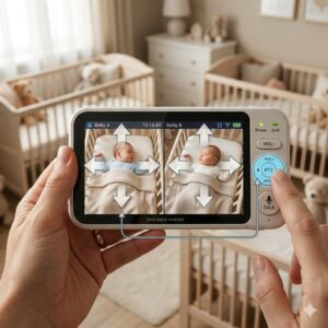 An illustration demonstrating the remote pan, tilt, and zoom functions controlled via the best baby monitor for twins split screen parent unit.