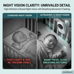 Side-by-side comparison of standard vs infrared night vision for a baby monitor with breathing detection reviews.