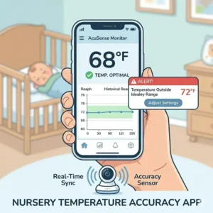 Smartphone interface displaying real-time alerts and data from a baby monitor with temperature sensor accuracy.