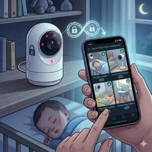 Dashboard view showing four different rooms simultaneously using the best baby camera with phone app secure system.