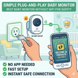 Easy plug-and-play setup illustration for the best baby monitor without wifi for safety with no app required.