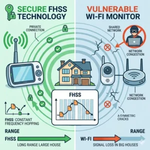 Technical breakdown of secure FHSS technology used in the best baby monitor for long range large house to prevent interference.