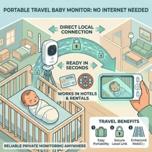 A travel-themed visual showing a baby monitor that works without internet being used in a hotel room or rental.