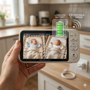 A parent holding the portable parent unit with long battery life, a feature of the best baby monitor for twins split screen.