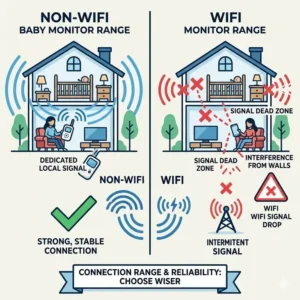 Icons representing privacy layers of a non wifi baby monitor vs wifi which is safer for protecting family data.