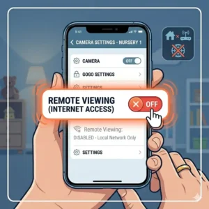 A user disabling remote internet access in settings to understand baby monitor security risks and how to avoid external spying.