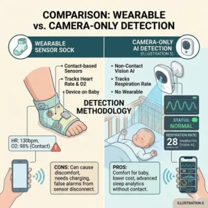 Infographic comparing wearable socks and camera-only AI for baby monitor with breathing detection reviews.