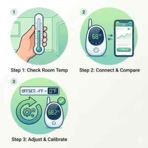 Illustration 6: Step-by-step icons showing the user how to reset or calibrate a baby monitor with temperature sensor accuracy for better results.