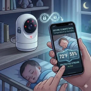 Smart app interface showing climate data and room temperature tracking from the best baby camera with phone app secure.