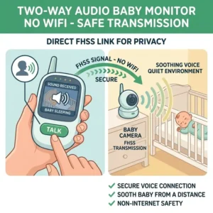 Using the two-way audio talk back feature on the best baby monitor without wifi for safety to comfort the infant.