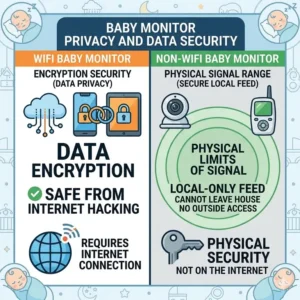 Visual guide on remote viewing risks to help decide between a non wifi baby monitor vs wifi which is safer for parents.