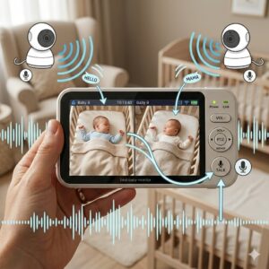 A graphic highlighting the two-way talk button and audio flow for comforting infants on the best baby monitor for twins split screen.