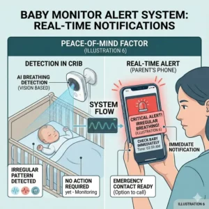 Diagram of the real-time notification and alert system of a baby monitor with breathing detection reviews.