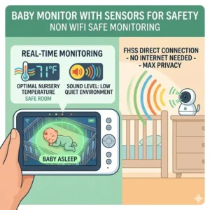 Real-time room temperature alerts and sound sensors on the best baby monitor without wifi for safety screen.