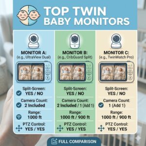A comparison chart highlighting key features and range of various models considered the best baby monitor for twins split screen.