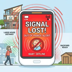 Screen interface showing an out-of-range safety alert on the best baby monitor for long range large house.